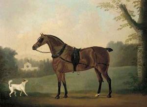 A liver chestnut carriage horse and a terrier in a park, a stable beyond