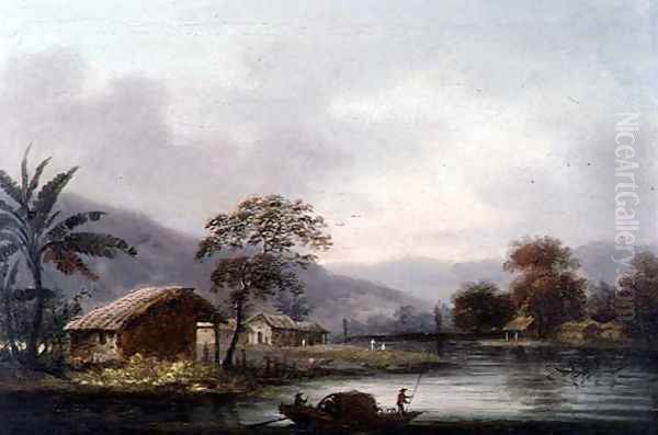 Figures Guiding a Sampan Round a Bend in a River, Past a Village - view 1