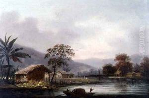 Figures Guiding a Sampan Round a Bend in a River, Past a Village by George Chinnery