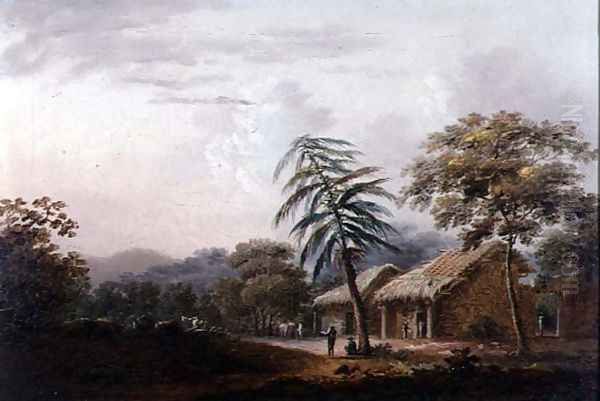 Figures Beneath a Leaning Palm Before a Village - view 1