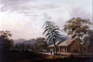 Figures Beneath a Leaning Palm Before a Village by George Chinnery