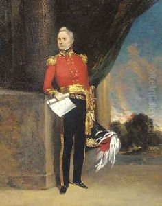 Portrait of an officer, small full-length, in uniform, holding the plan to a fort, a landscape beyond