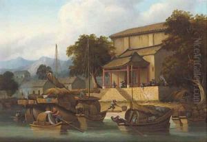 Sampans and junks on a Chinese river