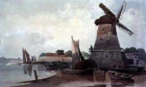 View on the Thames, with Windmill and Boats by Charles Calvert