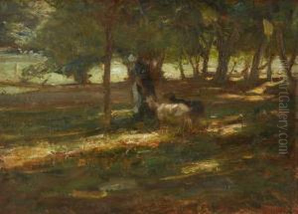 Wooded Landscape With Woman Herding Two Goats - view 1