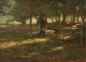 Wooded Landscape With Woman Herding Two Goats by Henry George Keller
