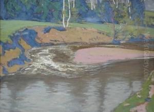 Landscape With Stream- Gouache 
On Paper, Signed Lower Right, Very Good Condition. 15 X 20''