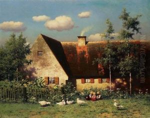 Spielende Kinder Und Ganse Vor Einem Bauernhaus