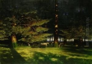 Waldlichtung Im Abendlicht Mit Grasenden Schafen by Paul-Wilhelm Keller-Reutlingen