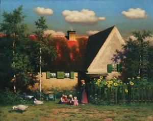 Untitled (children Playing, Geese And Cottage)