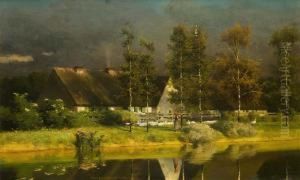 "madchen Mit Gansen" Vor Dem Bauernhof Am Flusufer