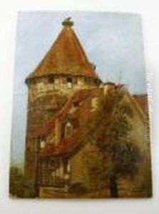 Malerische Architekturstudie 
Eines Alten Stadtturms Mit Bekronendem Storchennest Und Seitlichem 
Fachwerkhausanbau In Einer Suddeutschen Kleinstadt by Paul-Wilhelm Keller-Reutlingen