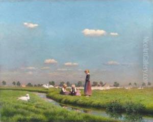 Girls With Ducks In A Field
