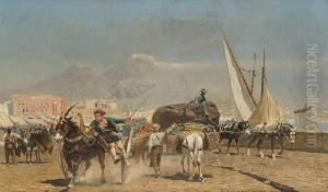 The Bay Of Naples, With Street Traders Transporting Their Wares In The Foreground