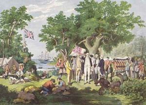 Captain Cook taking possession of the Australian continent on behalf of the British Crown, under the name of New South Wales 1770, 1865