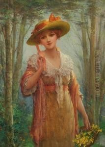 Lady Gathering Daffodils In A Wood by Sydney Percy Kendrick