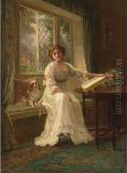 A Portrait Of A Young Lady With Her King James Spaniel In A Window Seat - view 1