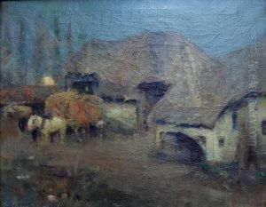 Harvesting With Thatched Farm Dwellings Under A Rising Moon by William Kennedy