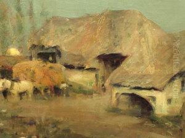 Harvesting With Thatched Farm Dwellingsunder A Rising Moon - view 1