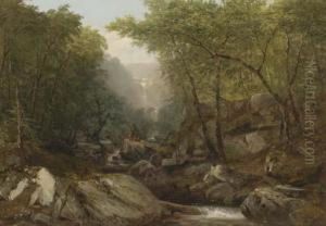 Waterfall In The Woods With Indians by John Frederick Kensett