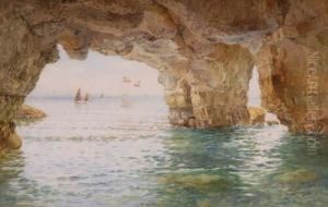 View Through A Rock Arch, Fishingboats And Sea Gulls Beyond