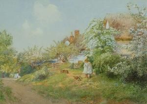 Two Girls Feeding Chickens On A Village Lane