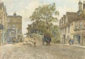 A Shepherd Driving His Flock Through A Town