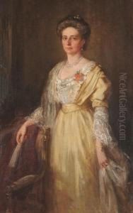 Portrait Of An Edwardian Lady, Three-quarter Length, Wearing An Elegant Yellow Dress. by Henry Wright Kerr