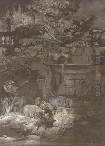 Peasants and their flocks at a fountain in a ruined ornamental garden by Philippe Canot