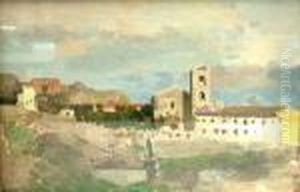 Scottish 1864/65-- View Of A 
Monastery On A Hill Top, Either In Italy Or Spain; Oil On Board, Bears 
Inscription In Pencil On The Back Board, 19x28cm