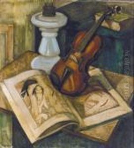 Stillleben Mit Geige, Bildband Und Ollampe. by Dick Ket