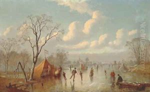 Skaters on a Dutch waterway by Johann Mongels Culverhouse