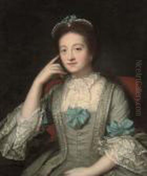Portrait Of A Lady, Half-length, In A Blue Dress With Lace Collarand Cuffs - view 1