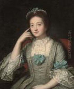 Portrait Of A Lady, Half-length, In A Blue Dress With Lace Collarand Cuffs by Tilly Kettle