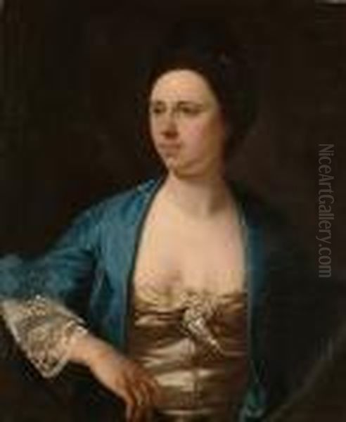 Portrait Of An Elegant Lady,
Half-length, Wearing A Blue Silk Gown With Lace Cuffs And Pearl And Lace
Detail On Her Bodice, In A Painted Oval. - view 1