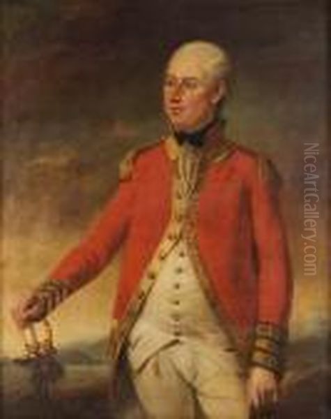 Portrait Of An Officer Of The
Foot Guards, Standing Three-quarter-length, In A Scarlet Frock Coat,
With His Hand Resting On The Hilt Of His Sword, A View To A Landscape
Beyond - view 1