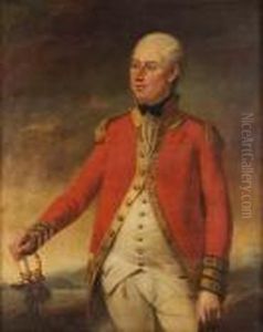 Portrait Of An Officer Of The
Foot Guards, Standing Three-quarter-length, In A Scarlet Frock Coat,
With His Hand Resting On The Hilt Of His Sword, A View To A Landscape
Beyond by Tilly Kettle
