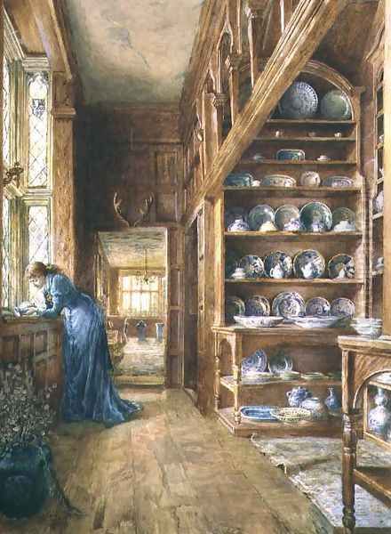 Interior of a panelled house with a collection of Imari and Blue and White Porcelain - view 1