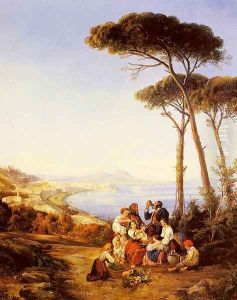 A Group Of Peasants With The Bay Of Naples Beyond by Consalvo Carelli