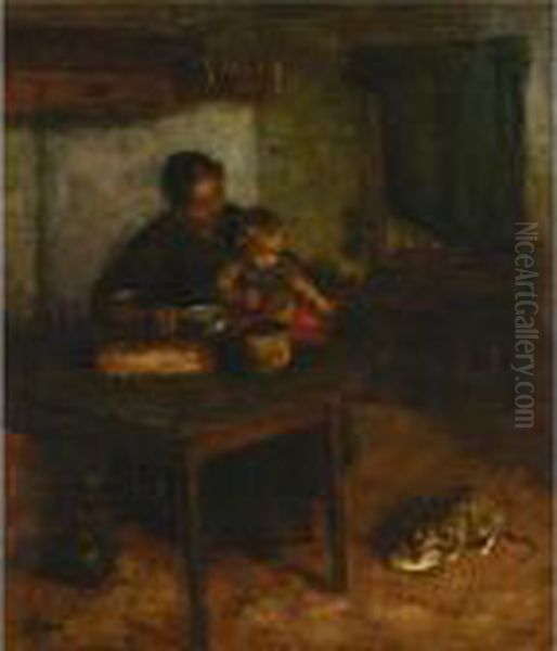 A Cottage Interior With Mother And Child - view 1