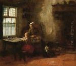 Woman With Children In An Interior by Jacob Simon Hendrik Kever