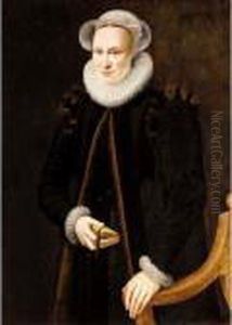A Portrait Of A Lady,
Three-quarter Length, Wearing A Black Coat And A White Ruff, Holding A
Book by Adriaen Thomasz. Key