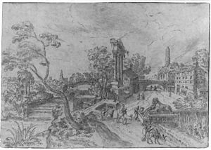 Travellers on a Road leading through a classical Town by Hendrick van Cleve