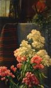 Interior Scene With Still Life Of Pink And Whitehydrangeas by John Ross Key