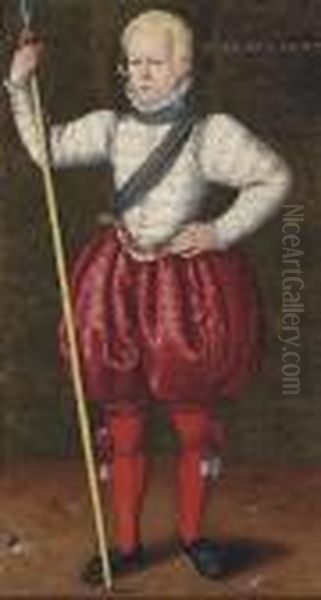 Portrait Of A Young Man,
Full-length, In A White Embroidered Doublet And Red Pantaloons, A Pike
In His Right Hand by Willem Adriaensz Key