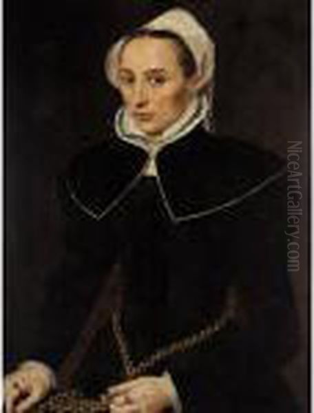 A Portrait Of A Lady, 
Three-quarter Length, Wearing A Black Dress With A White Collar And 
Headdress, Holding A Gold Chain - view 1