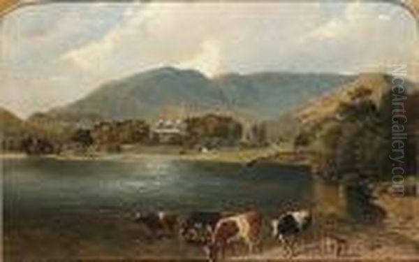 Cattle Beside A Lake With A
Country House Beyond; A View Across A Lake From The Terrace Of A Country
House, Possibly Drathay Hall. - view 1