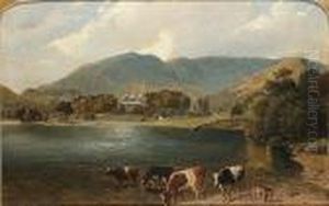 Cattle Beside A Lake With A
Country House Beyond; A View Across A Lake From The Terrace Of A Country
House, Possibly Drathay Hall. by Friedrich Wilhelm Keyl