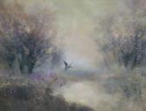 Mallard In Flight Over A Tranquil River With Woodland