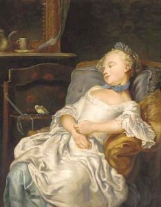 Portrait of a girl sleeping on a chair, a songbird beside her